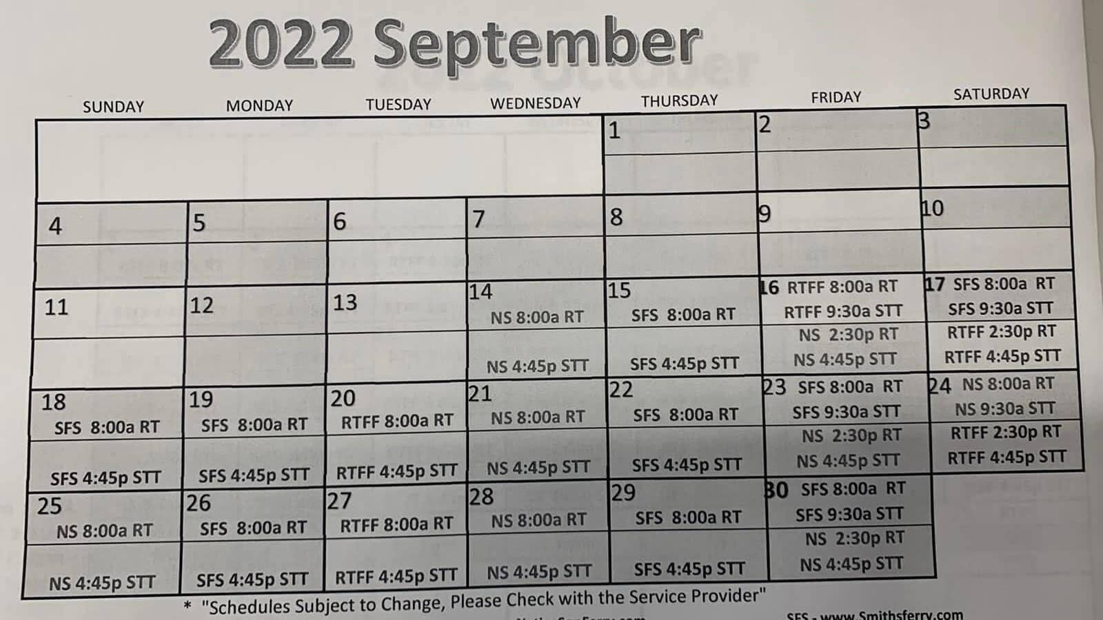 Attached picture September Ferry Schedule - Revised.jpg